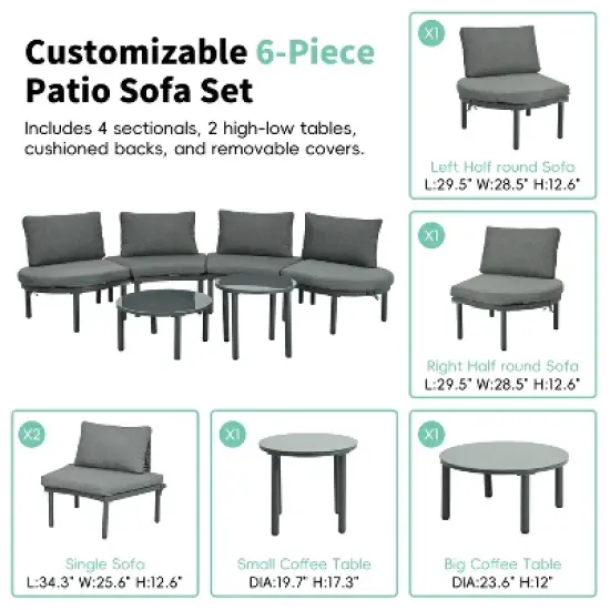 FIONECA 6-Piece Half Moon Outdoor Sectional Sofa Set with 2 Coffee Tables, Gray PE Wicker Patio Furniture with Cushions & Pillows image {3}