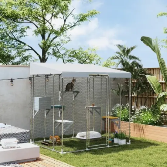 PawHut Large Catio Outdoor Cat Enclosure, Galvanized Steel Outdoor Cat House with 420D Waterproof Canopy for 1-3 Large Cat, Walk-in Cat Cage, Silver image {2}