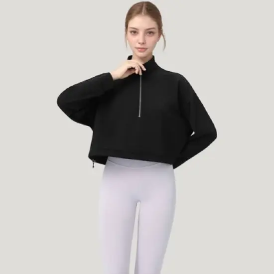 Anna-Kaci Active Women's Long Sleeve Half Zip Pullover Top with Mock Neck and Kangaroo Pocket image {3}