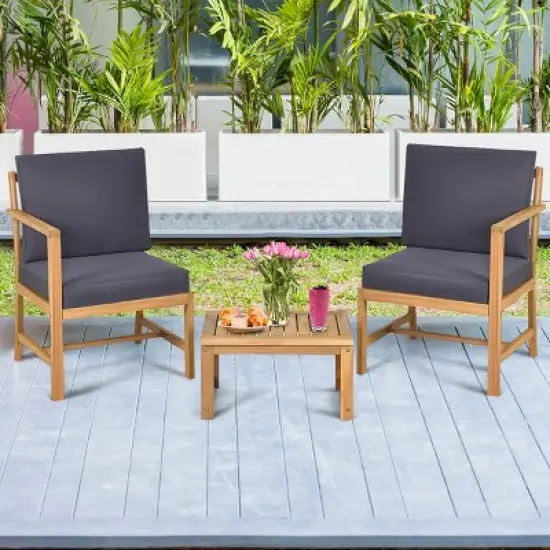 Costway 3 in 1  Patio Table Chairs Set Solid Wood Garden Furniture image {3}