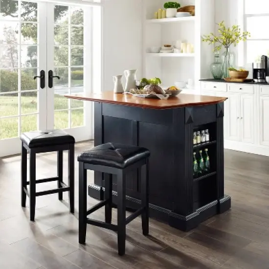 Coventry Drop Leaf Top Kitchen Island with Upholstered Square Stools Black - Crosley image {4}