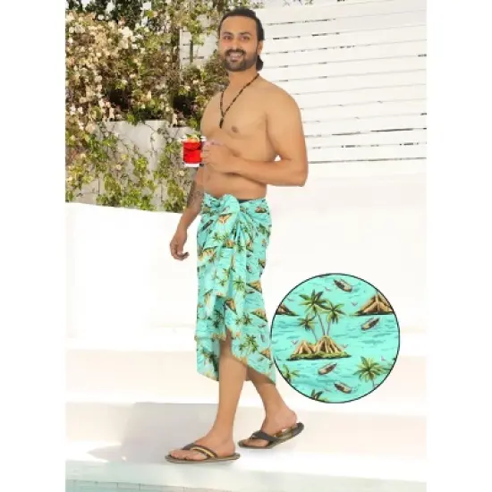 HAPPY BAY Men's Swimwear Cotton Linen Effect Summer Sarong Cover Up Swimsuit Wrap Sulu Pareo Beachwear for Men One Size Green, Tree image {1}