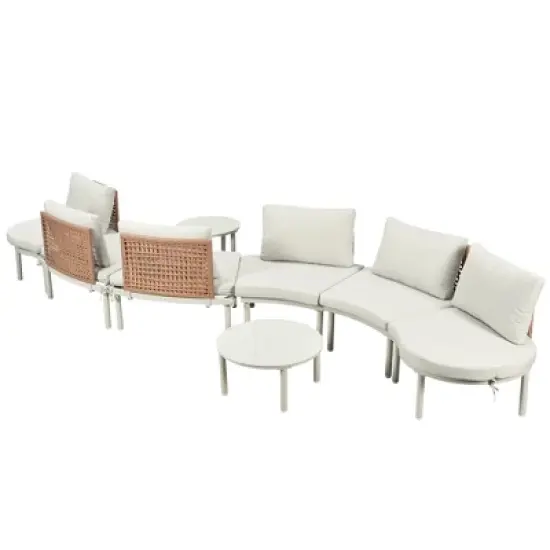 FIONECA 8-Piece Half Moon Outdoor Sectional Sofa Set with 2 Coffee Tables, Beige PE Wicker Patio Furniture with Cushions & 6 Pillows image {10}