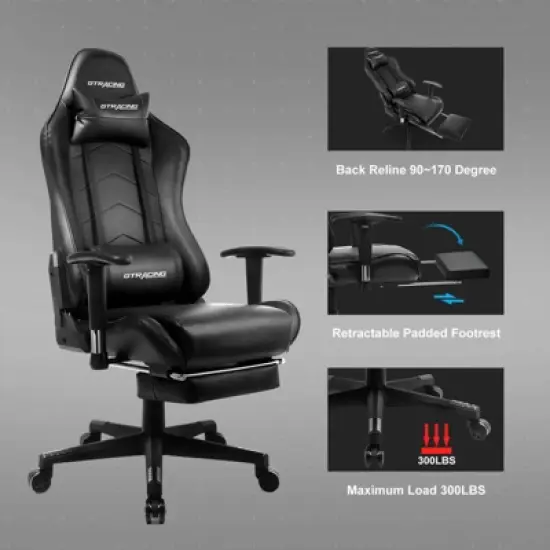 GTRACING Gaming Chair with Footrest Ergonomic Recliner Office Chair with Lumbar Support Black image {6}