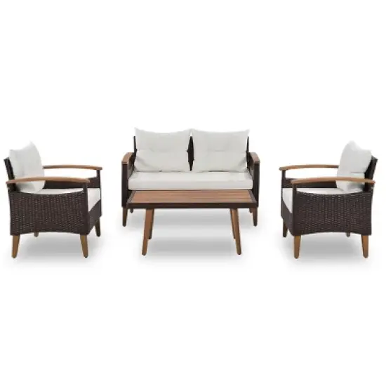 4 Piece Wicker Outdoor Patio Conversation Sets,PE Rattan Sectional Sofa Set,Garden Furniture Sets with Wood Coffee Table and Cushions-Coolbibila image {2}