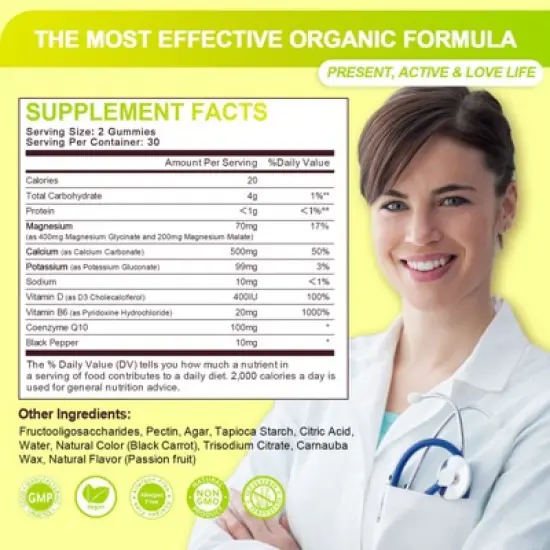 GreenPeople Magnesium Glycinate Gummies 400mg with Calcium, Potassium, Vitamin D for Stress Relief & Sleep, 60 Ct (Passion fruit flavor) image {5}