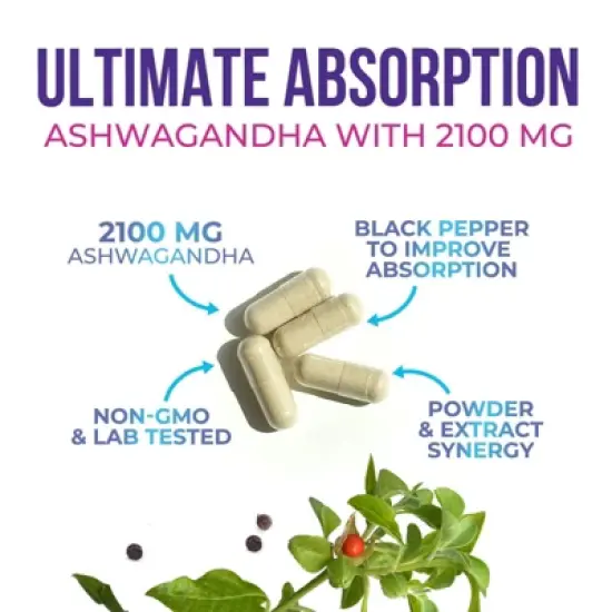 Ashwagandha 2,100 mg Extra Strength Stress & Mood Support with Black Pepper - 60 Count;120 Count image {2}