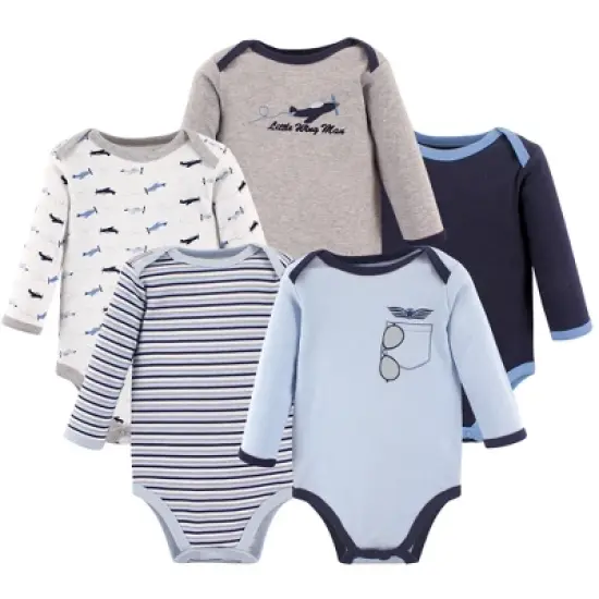 Luvable Friends Baby Boy Cotton Long-Sleeve Bodysuits 5pk, Airplane image {1}