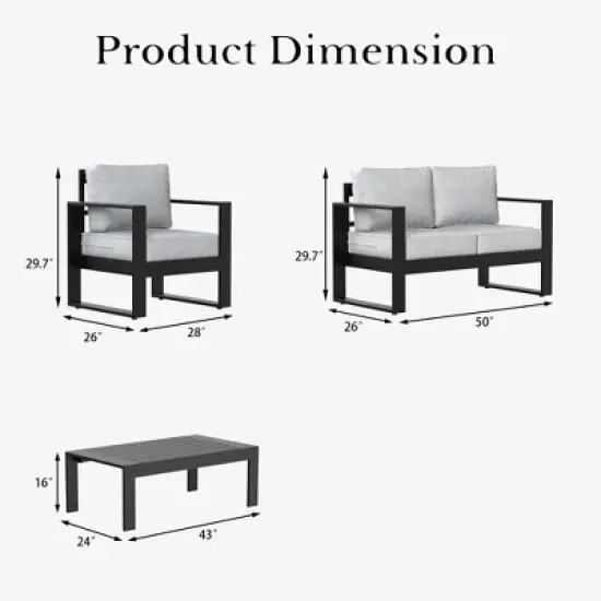 LayinSun 4 Pieces Aluminum Outdoor Patio Furniture Set, Metal Modern Conversation Sofa Set with Coffee Table and Washable Thick Cushions image {8}