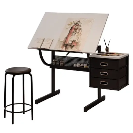 Gulches White Adjustable Drafting Drawing Table with Stool 3 Non Woven Drawers image {9}