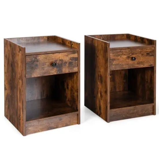 Costway Set of 2 Nightstand with Drawer Cabinet End Side Table Raised Top image {9}