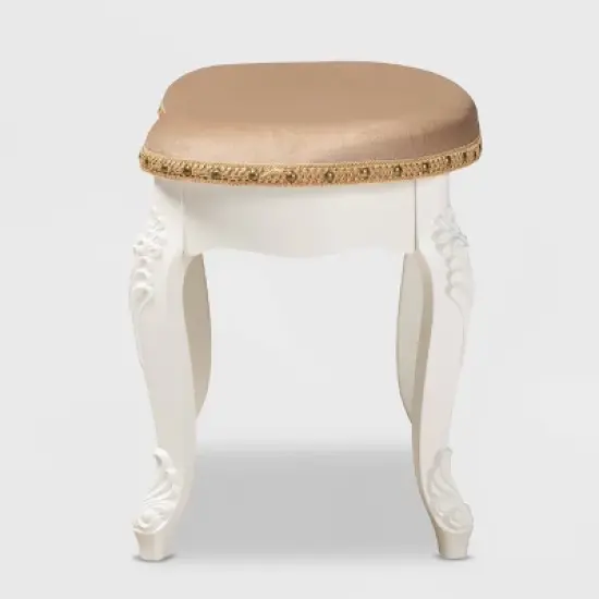 Gabrielle Velvet Fabric Upholstered Wood Vanity Ottoman Sand/White/Gold - Baxton Studio image {2}