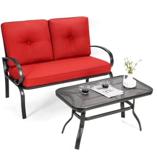 Costway 2PC Patio LoveSeat Coffee Table Furniture Set  Bench W/ Cushions image {2}