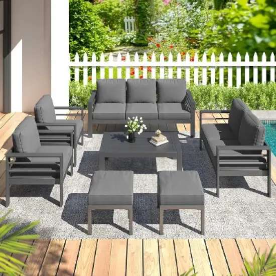Cesicia 7-Piece Patio Sofa Set with Coffee Table for Backyard, Porch & Poolside，Black Frame and Brown Cushions image {5}