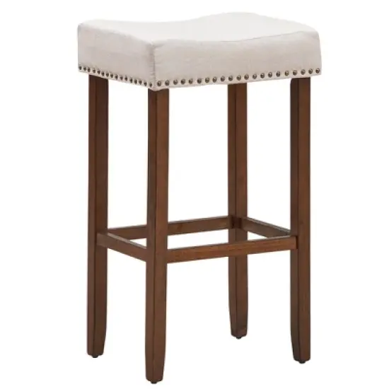 Costway Set of 4 Nailhead Saddle Bar Stools 29'' Height w/ Fabric Seat & Wood Legs Gray/Beige image {8}