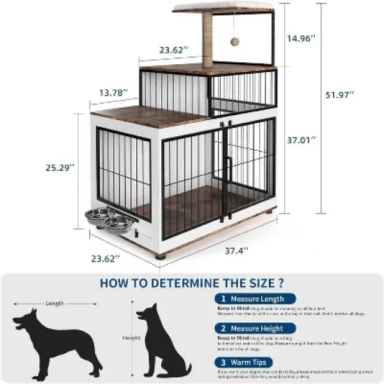 Coucheta 52" Wooden Dog Crate Furniture with Cat Scratching Post - 2-in-1 Pet House for Large Dogs, Includes 2 Food Bowls image {1}