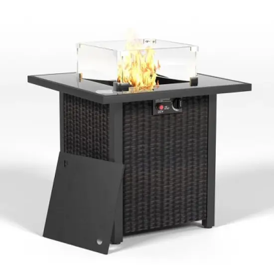 LOVSON 28" Propane Fire Pit Table,50,000 BTU Outdoor Gas Firepit with Rattan/Wicker Design, Tempered Glass Top & Wind Screen for Patio & Garden image {1}