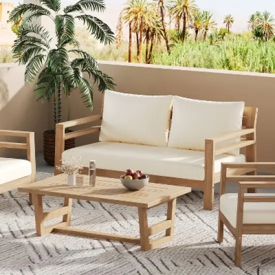 Christopher Knight Home Barret Outdoor Acacia Wood Slat Design Loveseat and Coffee Table Seating Set image {1}