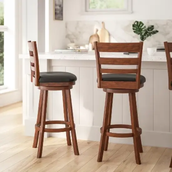 Merrick Lane 30" Classic Wooden Ladderback Swivel Bar Height Stool with Upholstered Padded Seat and Integrated Footrest image {3}