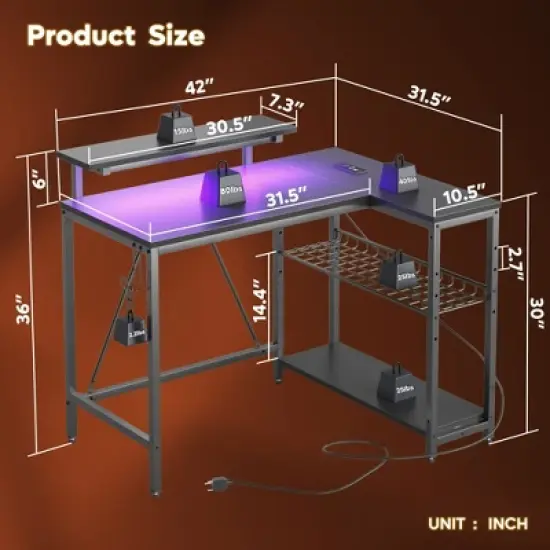 Bestier 42" Reversible L-Shaped Gaming Desk with Power Outlets LED Lights and Monitor Stand &Storage Shelves & Hooks for Bedrooms & Home Offices image {3}