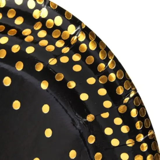 Blue Panda 48 Pack Black and Gold Paper Plates with Gold Foil Dots, Birthday, Graduation, New Years, Retirement, 1920's Dinner Party Supplies, 9 In image {4}