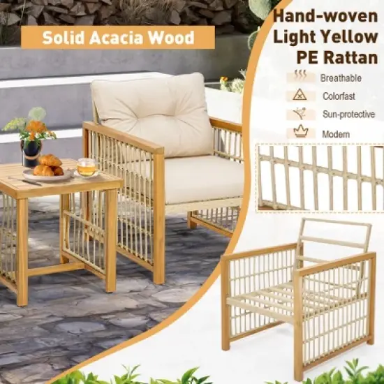 Costway 3PCS Patio PE Wicker Conversation Set Acacia Wood Frame withSeat & Back Cushions image {5}