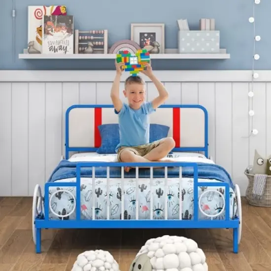 Tangkula Twin Size Kids Bed Frame Car Shaped Metal Platform Bed w/ Upholstered Headboard image {8}