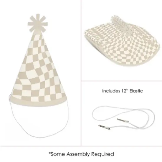 Big Dot of Happiness Tan Checkered Party - Cone Happy Birthday Party Hats for Kids and Adults - Set of 8 (Standard Size) image {4}
