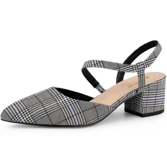 Perphy Houndstooth Printed Pointed Toe Slingback Chunky Heels Mules for Women image {7}