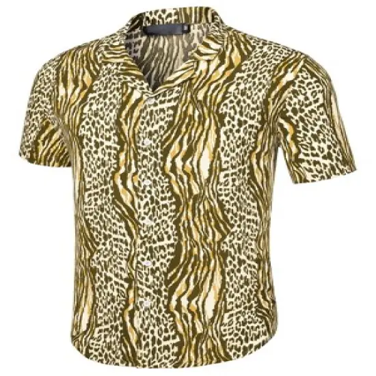 Lars Amadeus Men's Leopard Printed Disco Shirts Camp Collar Short Sleeves Button Down Summer Shirt image {4}