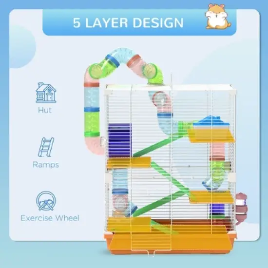 Gulches 18" 5 - Tier Hamster Cage with Tubes, Tunnels, Water Bottle, Food Dish, Exercise Wheel - Orange, Ideal for Gerbils Too image {7}