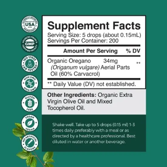 Organic Oregano Oil Drops, Super Concentrated Liquid Oil of Oregano + Carvacrol 60%, Digestion & Immune Support, Nature's Craft, 30 mL image {4}