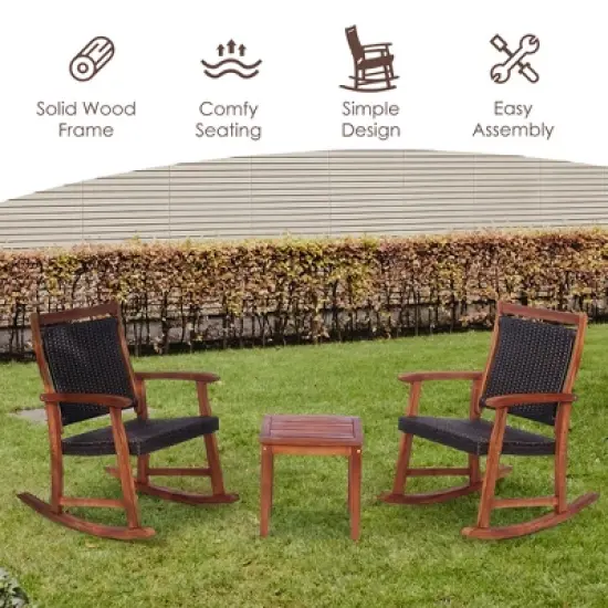 Costway 3PCS Patio Rattan Rocking Chair Bistro Set Acacia Wood Frame Armrest image {3}