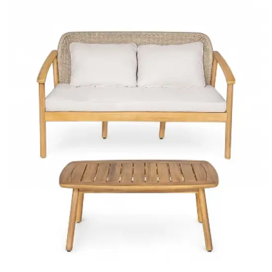 Christopher Knight Home Adrian 2 Piece Patio Woven Rope Acacia Wood Seating Set, Brown image {9}