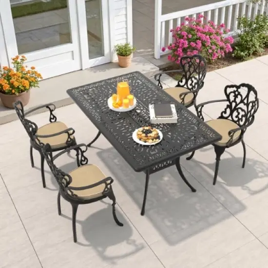 5-Piece Patio Dining Set - All-Weather Cast Aluminum w/ Beige Cushions, Umbrella Hole & Adjustable Feet for Balcony, Backyard image {9}