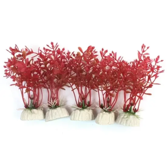 Unique Bargains Plastic  Plant w Ceramic Base for Fish Tank 4" High Red 5 Pcs image {3}