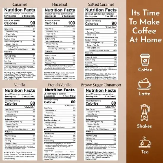 Syruvia Coffee Flavors Variety Pack: Caramel, Vanilla, Hazelnut, French Vanilla, Salted Caramel & Brown Sugar Cinnamon 25.4 fl oz Syrup image {4}