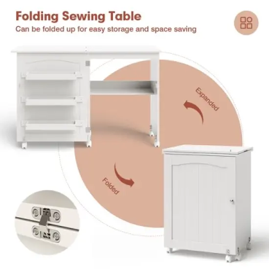 Costway White Folding Sewing Craft Table with Storage Shelves Cabinet Lockable Wheels image {6}