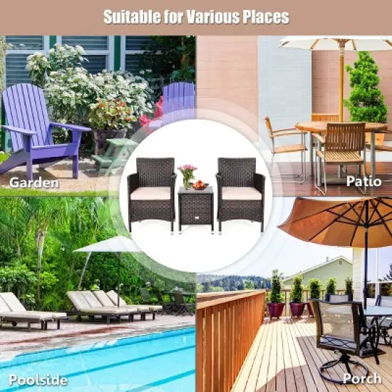 Costway Outdoor 3 PCS PE Rattan Wicker Furniture Sets Chairs  Coffee Table Garden image {5}