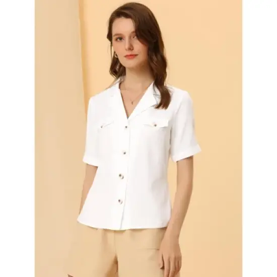 Allegra K Women's Summer Lapel V Neck Short Sleeve Work Button Down Shirts image {3}