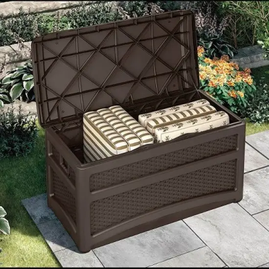 Suncast DBW7500 73 Gallon Outdoor Patio Storage Chest with Handles & Seat, Java image {1}