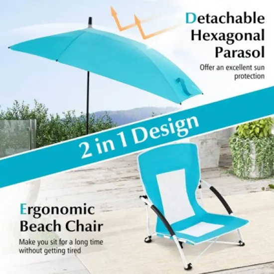 Costway 1/2 PCS Portable Beach Umbrella Chair with Hexagonal Parasol Comfy Armrest Breathable Seat Pink image {8}