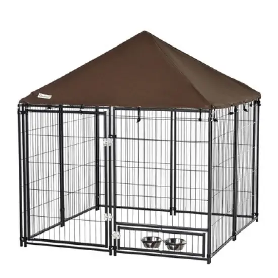 PawHut Outdoor Dog Kennel, Puppy Play Pen with Canopy Garden Playpen Fence Crate Enclosure Cage Rotating Bowl, Black image {6}
