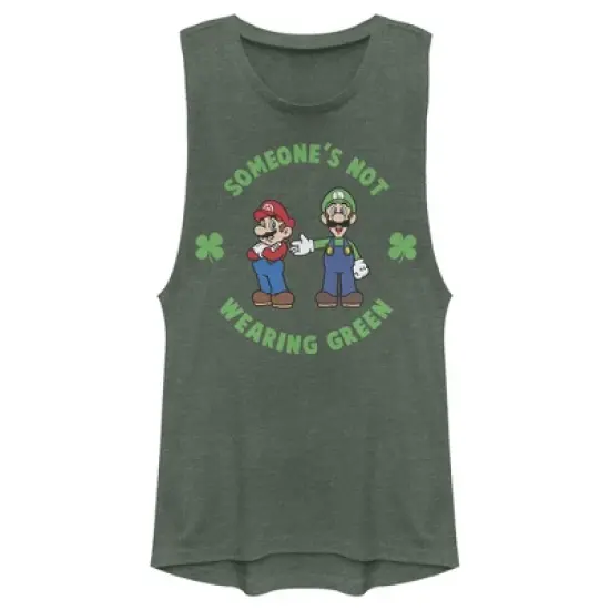 Junior's Nintendo Super and Luigi St. Patrick's Day Not Wearing Green Festival Muscle Tee image {3}