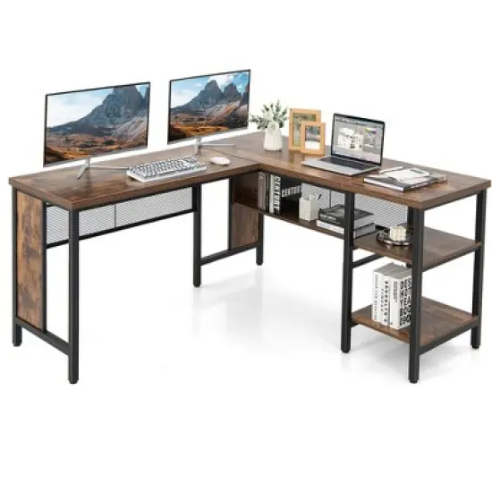 Costway Industrial L-Shaped Corner Computer Desk Office Workstation w/ Storage Shelves image {10}