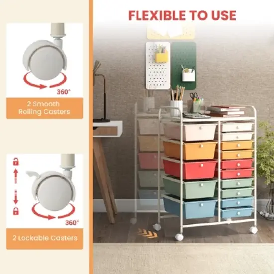 Costway 15 Drawer Rolling Storage Cart Tools Scrapbook Paper Office School Organizer Multicolored image {6}