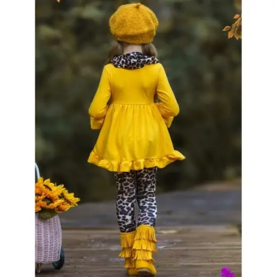 Girls Vibrant Cub Hi-Lo Ruffle Tunic, Leopard Leggings & Scarf Set - Mia Belle Girls image {5}