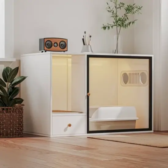 ATJafurn 37.4 " Hidden Cat Litter Box Cabinet with Magnetic Light Strip and Drawer, Modern Furniture Style Kitty Cat Cabinet for Apartment image {2}