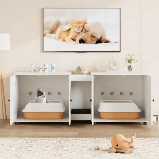 Cat Litter Box Enclosure 55.1" Double Litter Box Furniture Large Cat Box Enclosure Kitty Litter Box for 2 Cats Hidden Cat Litter Cabinet image {9}
