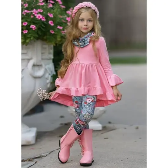 Girls Flawless Hi-Lo Ruffle Tunic, Floral Leggings & Scarf Set - Mia Belle Girls image {4}